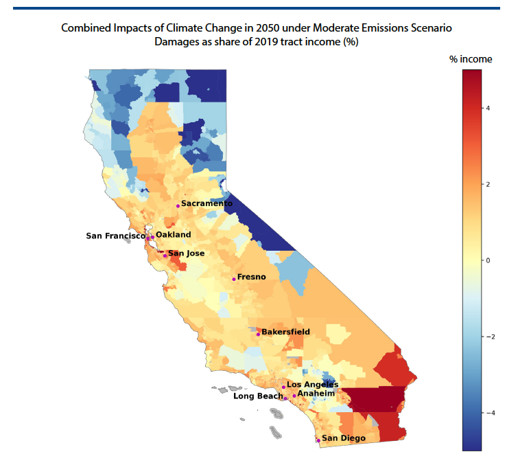 Map of combined climate change impacts in 2050 across California census tracts as share of income. Most regions negatively affected. Values typically range from 1-3%